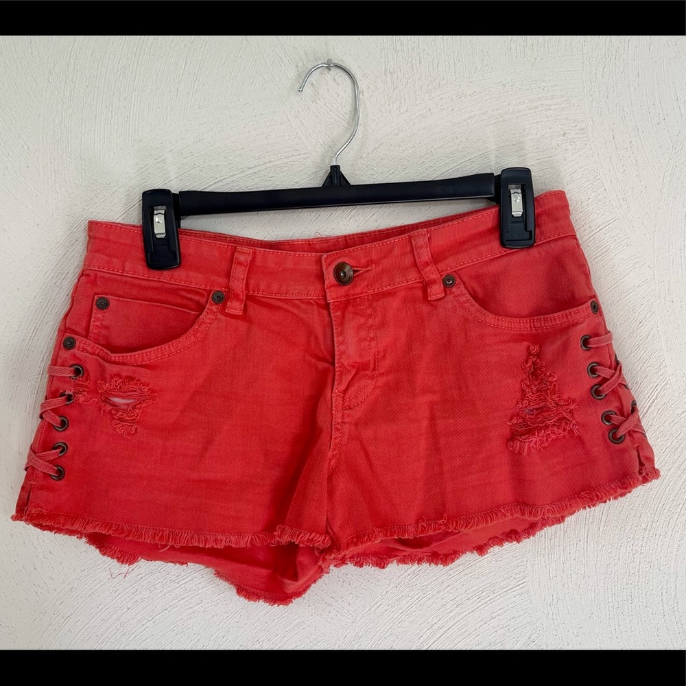 Distressed Billabong denim shorts side lace up
